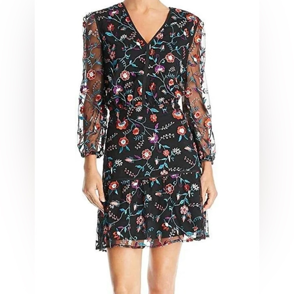 New Sam Edelman RED PANSY Floral Embroidered Mesh Blouson Dress, US 12